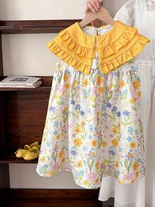 SHEIN LMoss Kids Vestido ajustado con cuello Peter Pan y estampado floral pequeño para niña, conjunto de ropa para vacaciones - Amarillo - Ver 4