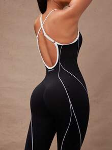 Lumalex Black & White Backless Camisole Seamless Active Jumpsuit - Black and White - View 9