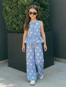 SHEIN Tween Girl Spring/Summer Casual Minimalist Fresh Woven Daisy Plaid Print Round Neck Sleeveless Bow Ruffle Hem Tank Top And Wide Leg Pants Set, Blue & White Plaid Set - Blue - View 4