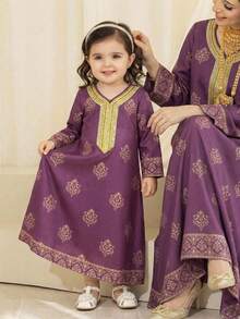 SHEIN 女婴拼接缎带印花长袖连衣裙，秋季 - 彩色 - 查看 2