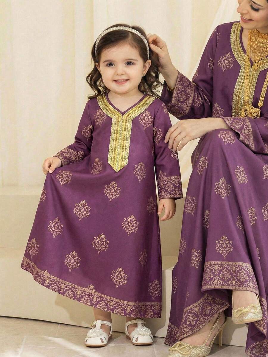 SHEIN 女婴拼接缎带印花长袖连衣裙，秋季 - 彩色 - 查看 1