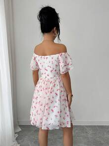 Elenzga فستان أنيق وأنثوي بأكمام مكشكشة وطبعة زهور صغيرة على كتف واحد بقصة A-line قصير، مناسب للمواعيد والخروجات والعطلات، بطراز منعش، ضروري للتصوير الفوتوغرافي، متعدد الاستخدامات، للربيع والصيف - متعدد الألوان - مشاهدة 2