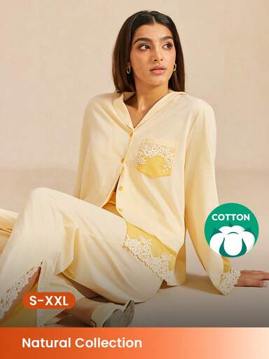 LUVLETTE Weiche 100% reine Baumwolle luxuriöse Spitzenbesatz Knopf-Top & Hose Loungewear Pyjama Set für Baumwoll-Pyjamas
