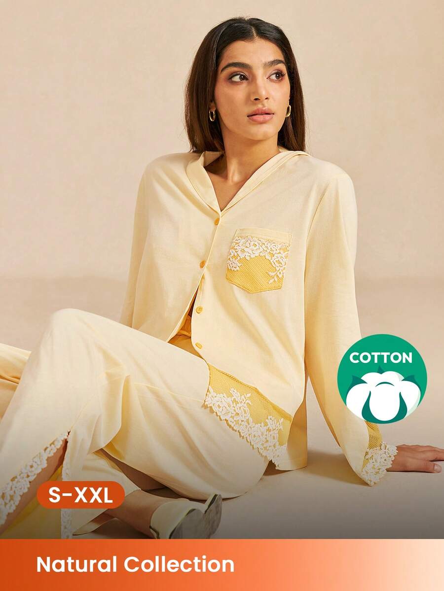 LUVLETTE Soft 100% Pure Cotton Luxurious Lace Trim Button-Up Top & Pants Loungewear Pajama Set For Lingerie - Yellow - View 1