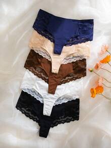 5pcs/Set Charming Lace Trim Thong Panties - Multicolor - View 4