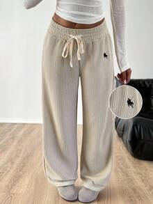 SHEIN EZwear Women's Knitted Embroidered Drawstring Waist Casual Wide Leg Sweatpants - Khaki - View 1