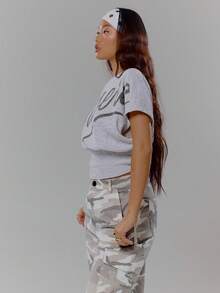 MUSERA Cinched Waist Logo Print Top Streetwear Coolgirl Winter Sexy Casual Odd Drift - Grey - View 4