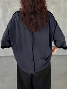 FRIFUL 女士休闲宽松圆领撞色落肩T恤，百搭超大码T恤 - 藍色 - 查看 5