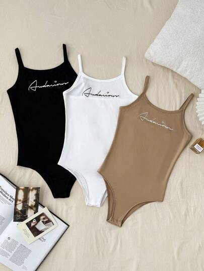 SHEIN 3pcs Teen Girls Casual Comfortable Bodysuits With English Letter Prints