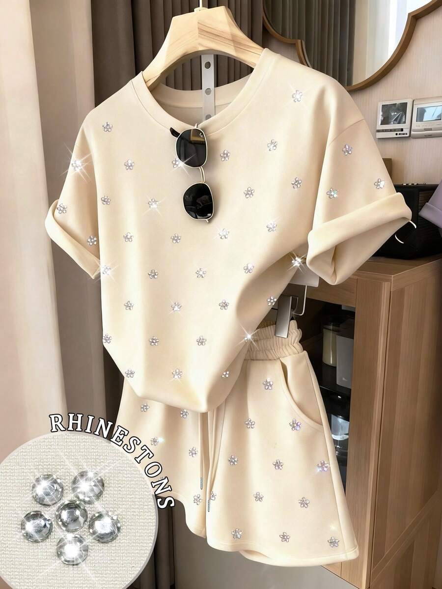 Resyla 2pcs Shiny Rhinestone Decor Minimalist Round Neck Short Sleeve Top And Shorts Set, Gift For Friends - Apricot - View 1