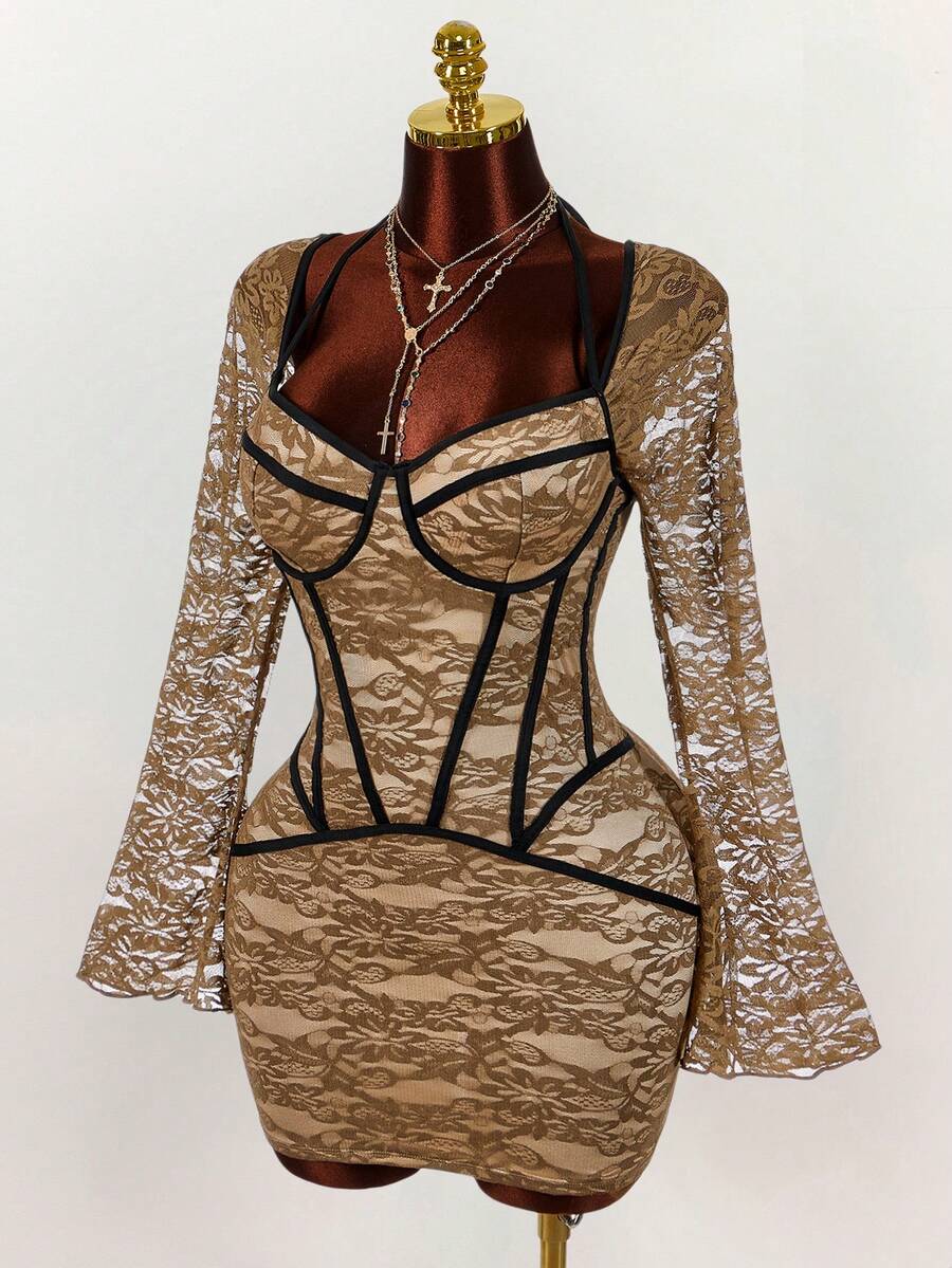 Amplova 大码时尚性感蕾丝喇叭袖修身连衣裙 - 棕色 - 查看 1