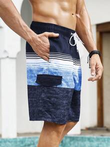 Manfinity Swimmode Men's Striped Drawstring Waist Pocket Beach Shorts - Multicolor - View 4