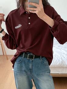 DAZY Women's Long Sleeve Polo Neck Letter Print T-Shirt, Autumn Preppy Tops,Fall Women Clothes - Burgundy - View 2