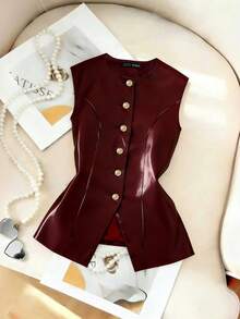 Franclia New Autumn Burgundy PU Vest Jacket For Women, Fashionable Commuter Suit, Street Style, Elegant Blazer, Metal Button Top, Commuter, Business - Burgundy - View 5