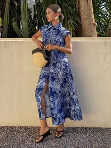 DAZY Women's Elegant Floral Print Sleeveless Denim Dress, Summer - Blue - View 5