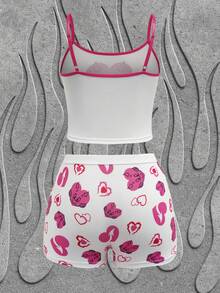 SHEIN HOT STUFF Tween Girl Summer Cute Cartoon Heart Print Ringer Cami Top & Boyshorts Underwear Set - White - View 2