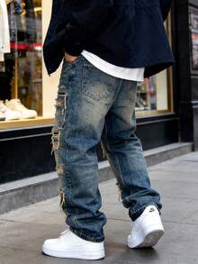 HIMLAND Men's Street-Style Distressed Slant Pocket Straight Leg Jeans - Dark Wash - View 3