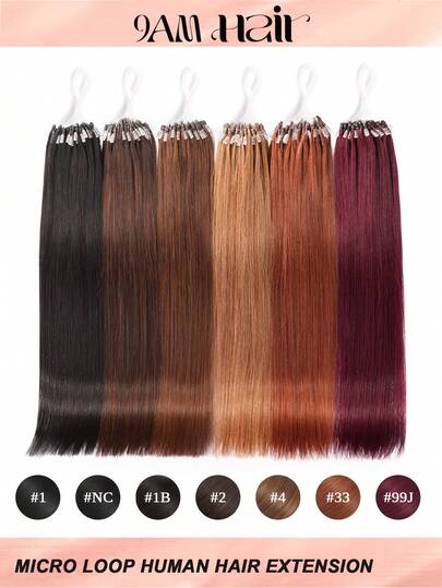 Micro Loop Hårförlängningar 100 % Äkta Hårfärg 1# NC# 1B# 2# 4# 6# 99J# 33# 14-22 Tum Rak 50 Strån/Pack Osynliga Pärlor Tjocka Micro Ring Loop Hårförlängningar Med Fiskelina Inget Lim Behövs Lätt att Forma För Tunt Hår Och Salongsbruk Alla Kvinnor