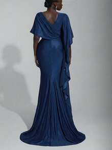Elitara Plus Size Elegant Luxurious Navy Blue Satin Ruffle Sleeve Sexy Mermaid Hem Bridesmaid Dress - Blue - View 4