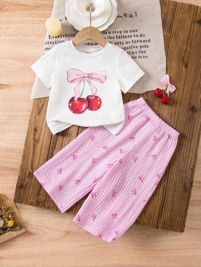 SHEIN 2pcs Baby Girl Cute Cherry Print Knit Short Sleeve T-Shirt & Striped Elastic Waist Pants Set