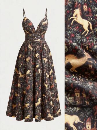 Fairycore Damen Große Größen Sommer Urlaubsstil Einhorn Allover Muster Taille Raffung Trägerkleid