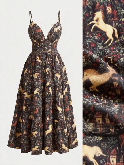 Fairycore Robe d'été style vacances pour femmes grandes tailles avec imprimé licorne sur tout le vêtement et taille cintrée