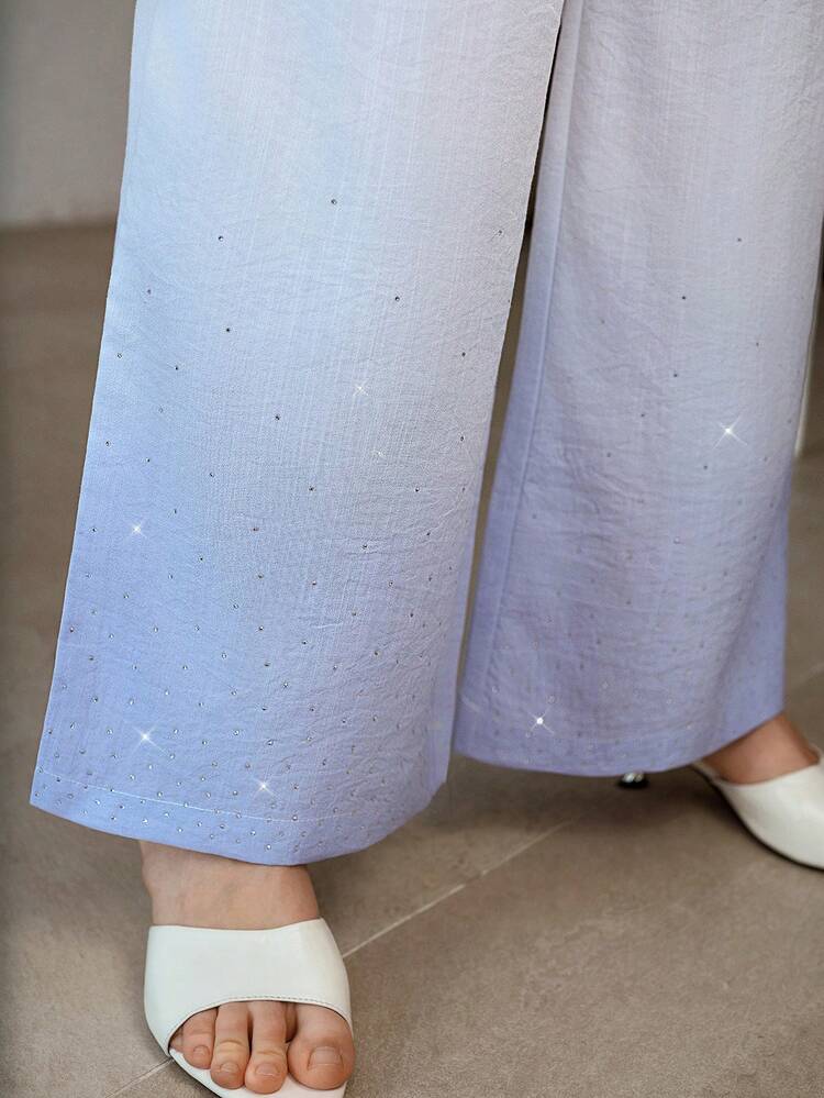WOMEN'S BLUE OMBRE RHINESTONE EMBELLISHED STRAIGHT LEG SUIT PANTS