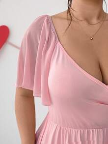 Elenzga 新款大码女装纯色修身针织甜心领褶皱腰连衣裙，时尚优雅，适合约会、度假、商务、派对、生日、下午茶、节日穿着，春夏长裙 - 粉色 - 查看 3