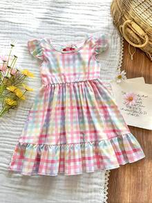 Vintaside Kids 女童优雅印花圆领荷叶袖露背蝴蝶结装饰腰部荷叶边下摆休闲时尚连衣裙，适合度假旅行，夏季穿着 - 粉色 - 查看 2