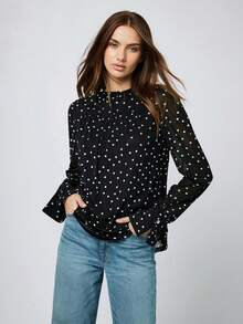 Maija Women's Casual Polka Dot Print Flare Sleeve Blouse, Autumn - Black - View 4