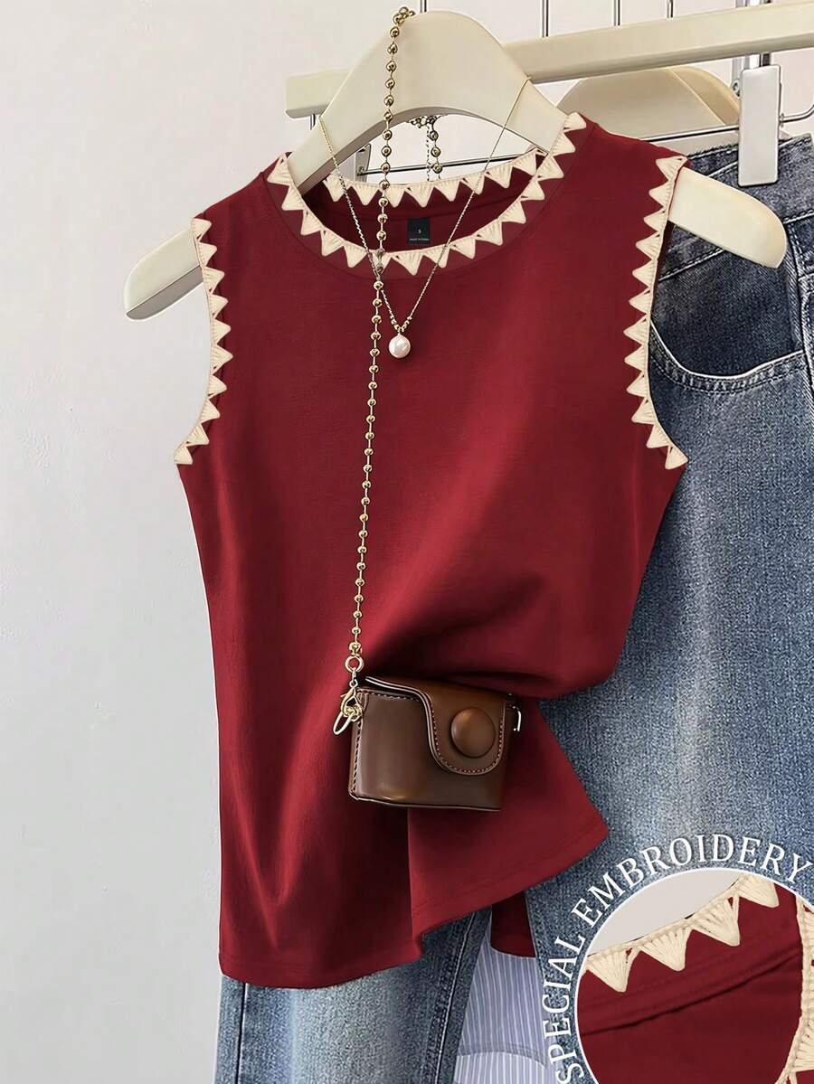 Resyla 女士休闲撞色滚边衬衫，夏季 - 紅色 - 查看 1