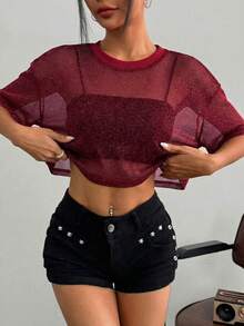 SHEIN EZwear Áo lưới dệt kim màu đỏ dành cho nữ, thích hợp cho mùa xuân/hè. - Đỏ - Xem 4