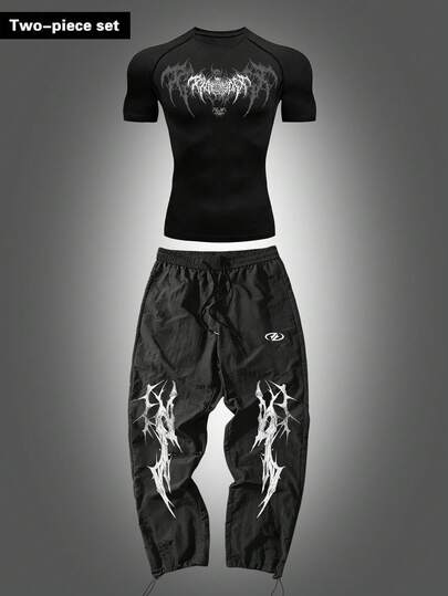 Manfinity Sport Corelite 男士哥特印花插肩短袖T恤和运动裤套装