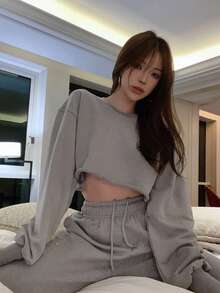 DAZY 女士休闲卫衣阔腿裤套装（两件套），宽松直筒裤，秋冬季 - 灰色 - 查看 4