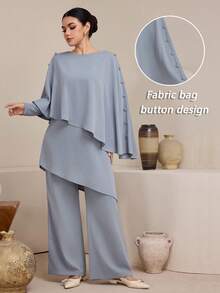 Graceveil 女士不对称上衣，袖口和裤子均饰有纽扣，阿拉伯风格套装 - 藍色 - 查看 1