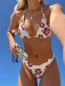 Swim Mod Women's Summer Floral Print Halter Tie Bikini Two-Piece Swimsuit Set - Multicolor - View 1