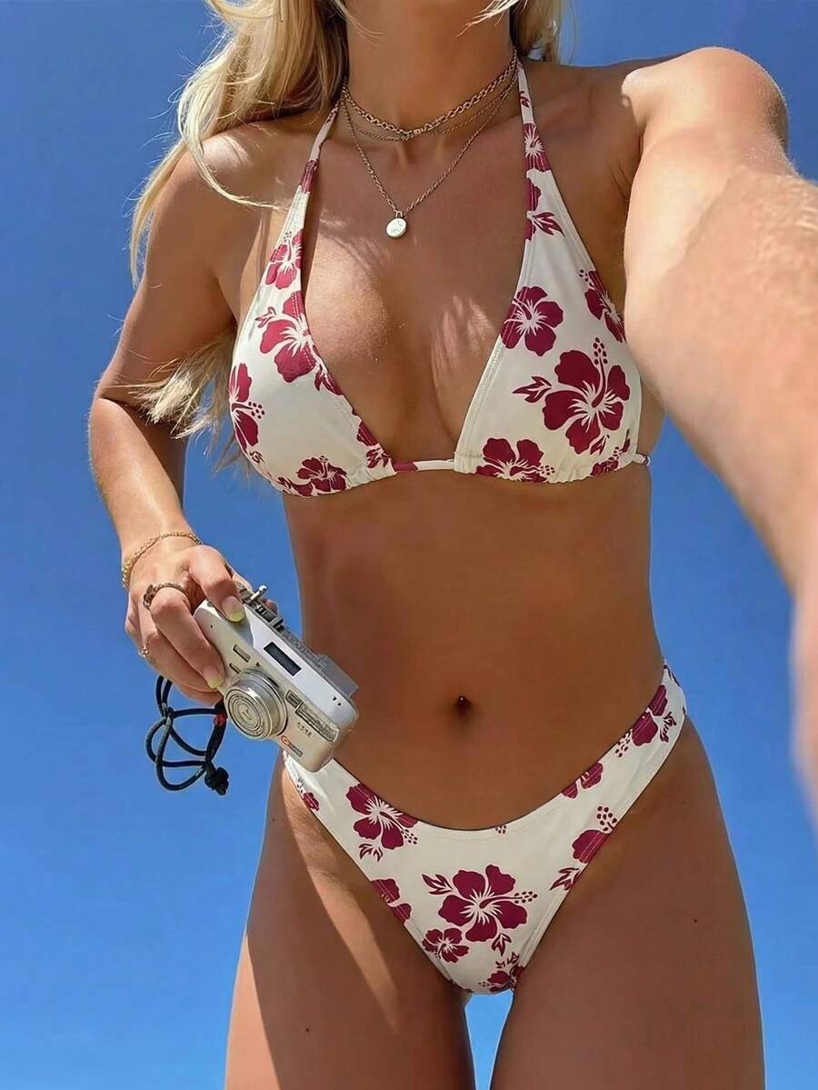 Swim Mod Women's Summer Floral Print Halter Tie Bikini Two-Piece Swimsuit Set - Multicolor - View 1