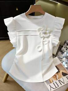 SHEIN Teen GirlElegant Commuter 3D Floral Ruffle Hem Split Arc Pleat Short T-Shirt - White - View 2