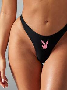 Missguided x Playboy Conjunto de bikini de verano de dos piezas, parte superior tipo bandeau y Bottom de corte alto, estilo retro brasileño para alberca, fiesta o vacaciones en la playa - Negro - Ver 6