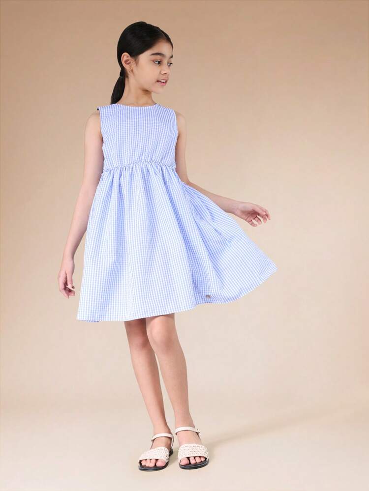 Sleeveless Gingham A-Line Dress With Bow Back