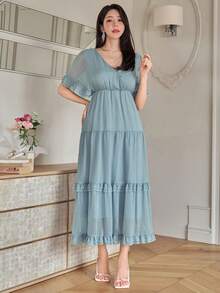 DAZY Đầm maxi nữ thanh lịch màu trơn cổ chữ V viền bèo, đầm dự tiệc cưới mùa hè, đầm maxi chống nắng. - Màu xanh lam - Xem 4