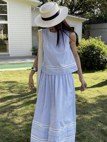 DAZY 女士休闲条纹蕾丝拼接无袖上衣和A字裙两件套，夏季 - 藍色 - 查看 9