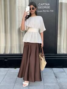 Seusyu Women's Striped Round Neck Batwing Short Sleeve Backless Tie Front Fashion Blouse - Apricot - View 5