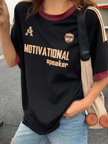 DAZY 女式复古条纹宽松休闲短袖 T 恤，夏季，图案 T 恤 - 黑色 - 查看 6