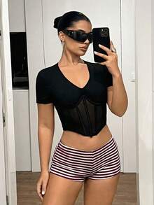 SHEIN ICON 女士Y2K性感超低腰条纹超短裤 - 中紫紅色 - 查看 5