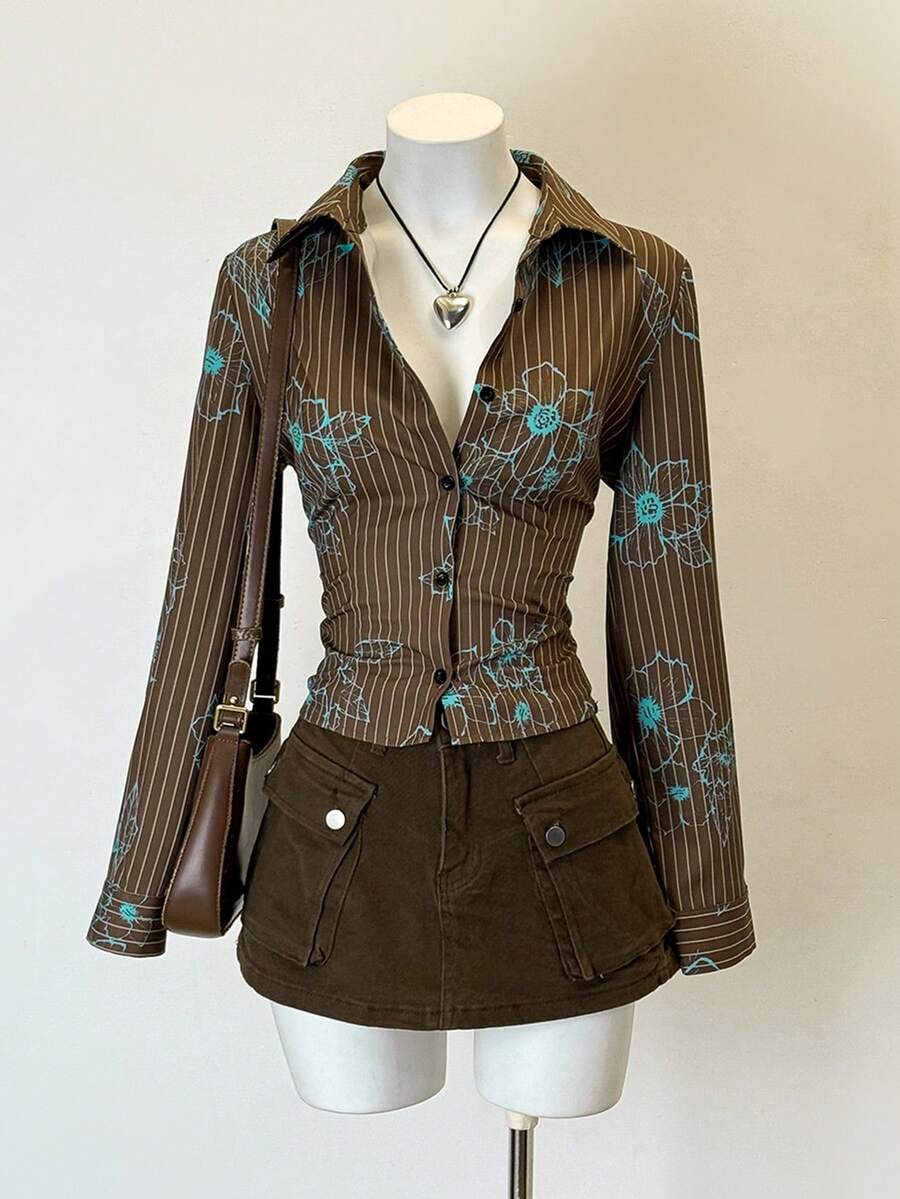 Jeanoix 女士印花条纹长袖单排扣休闲衬衫 - 彩色 - 查看 1