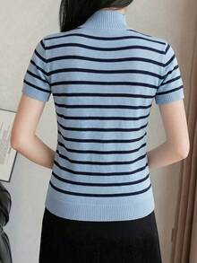 Almamuse Slim Fit Striped Casual Knit Short Sleeve Turtleneck Top - Mint Blue - View 2