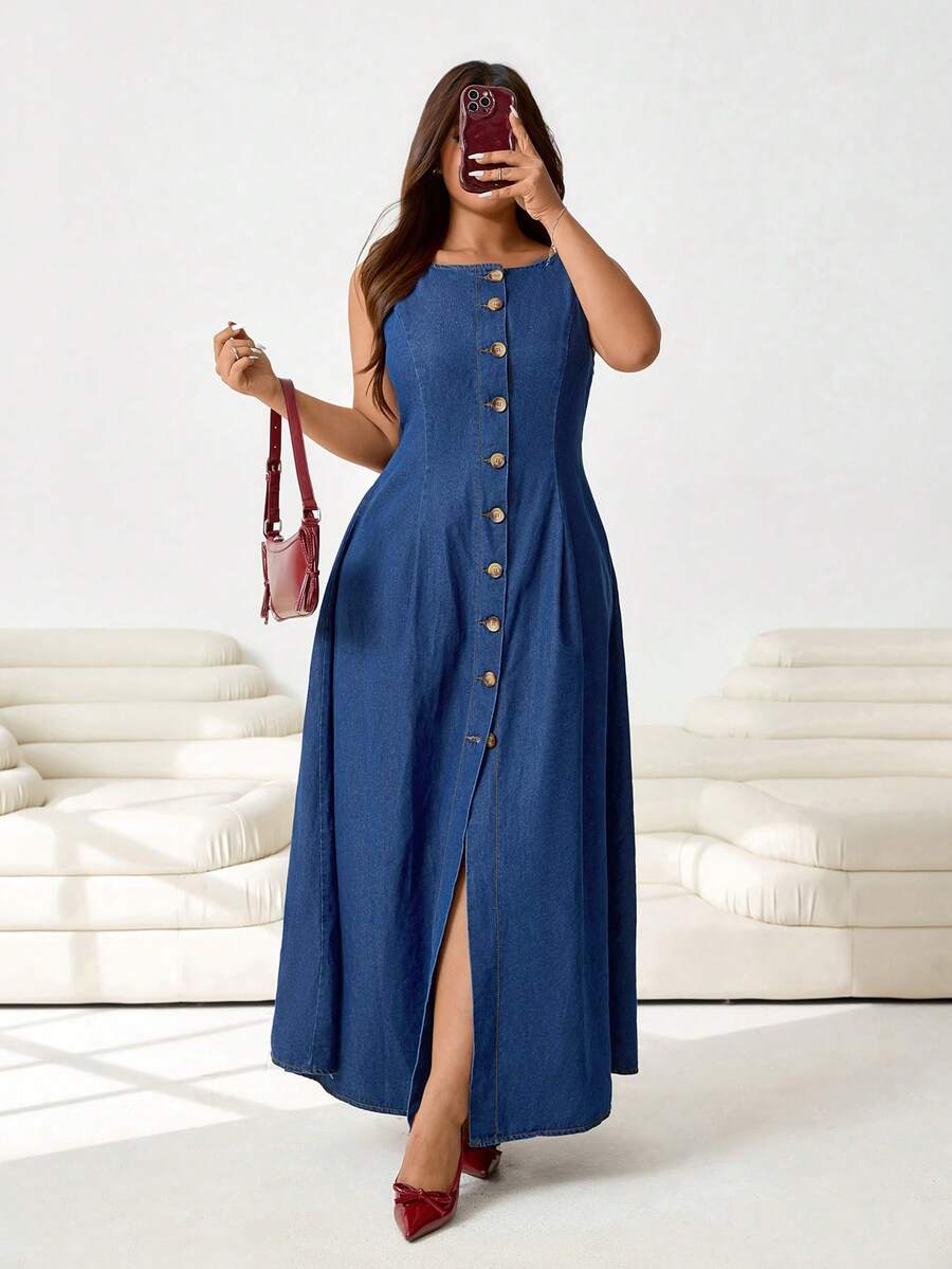 Solflare Plus Size Women Round Neck Single-Breasted Casual Date Daily Denim Dress - Blue - View 1