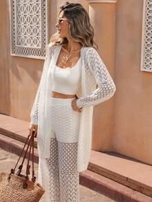 Selianne 女士休闲宽松长袖开衫和阔腿裤镂空针织两件套，春夏款 - 白色 - 查看 1