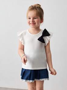 Maija Kids Young Girl Knitted White Round Neck Frill Sleeve Contrast Bow T-Shirt - White - View 6